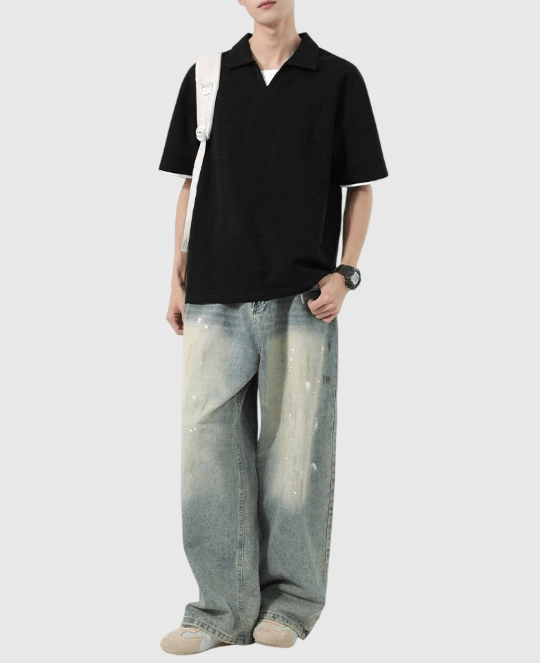 日系基礎假兩件式 V 領設計 天竺棉短袖 POLO T-Shirt [SBT-1499]