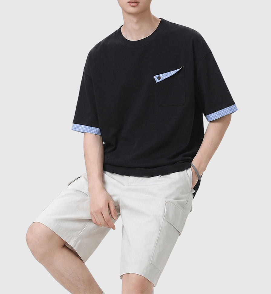 日系格紋拼布前袋反向設計 短袖 T-Shirt [SBT-1570]