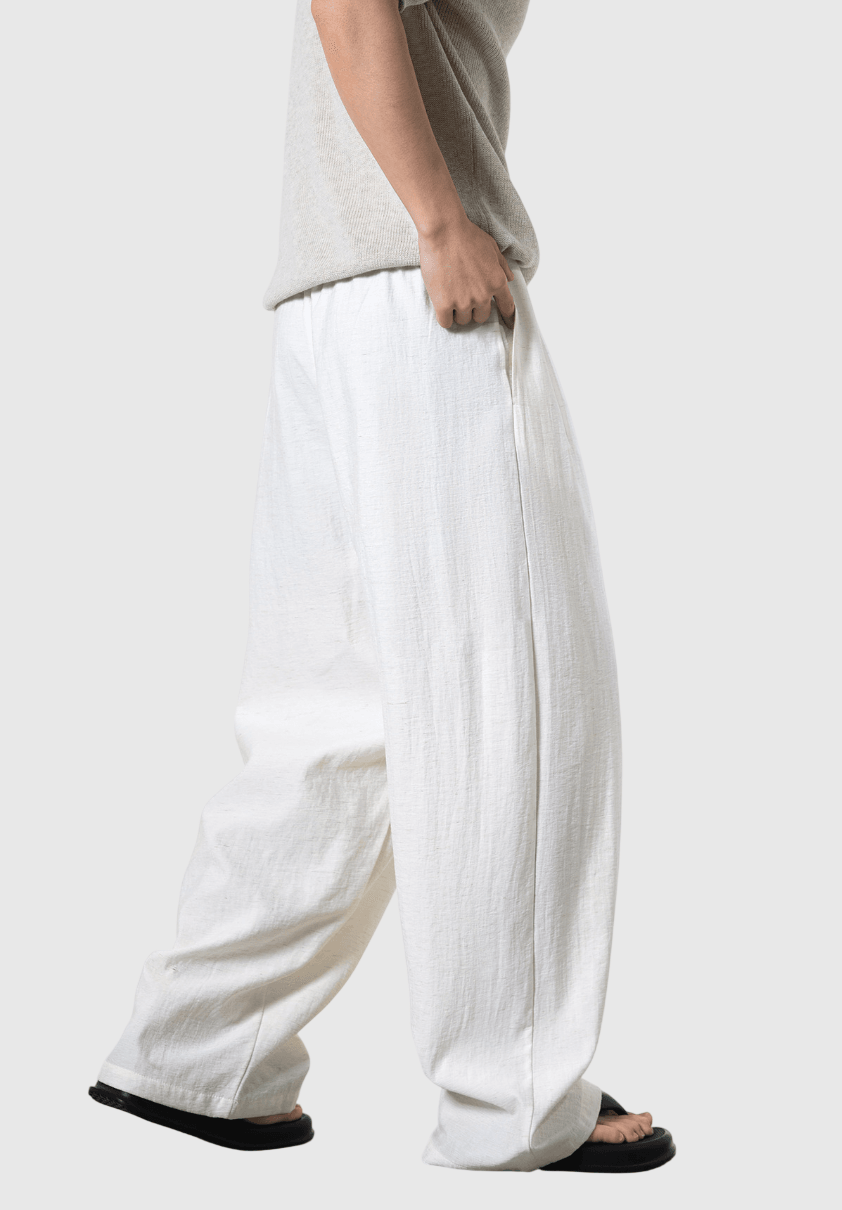 日系文藝門襟木質鈕扣 麻質闊腿直筒垂感長褲 [SBP-1200]