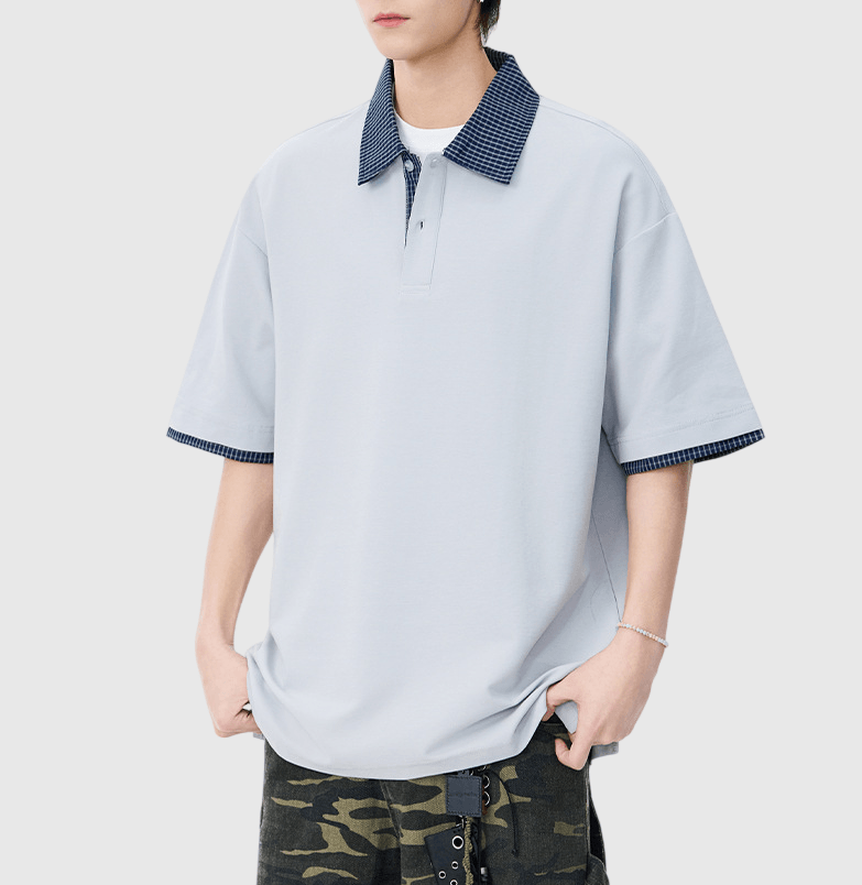 日系格紋假兩件式設計 短袖 POLO T-Shirt [SBT-1504]
