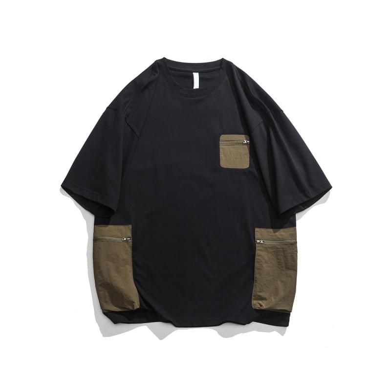 日系多袋色系拼接設計 純棉短袖 T-Shirt [SBT-1449]