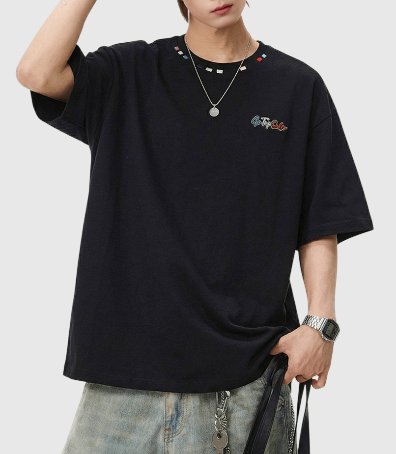 復古領口色彩設計刺繡 純棉短袖 T-Shirt [SBT-1484]