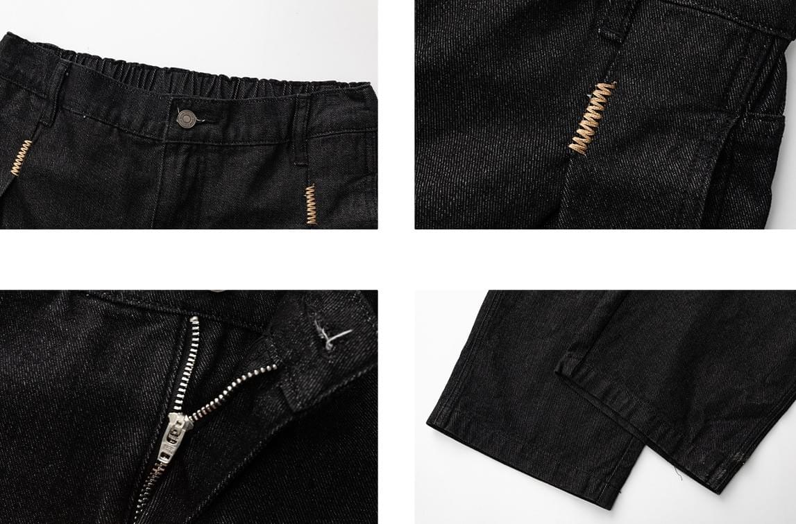 日系縫線刺繡層次褶皺設計 闊腳直筒原色牛仔長褲 [SBP-1196]