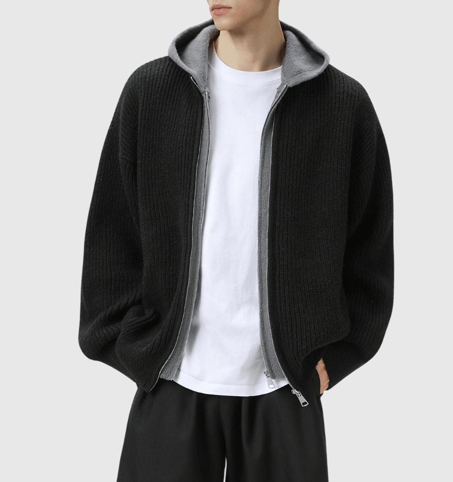 日系撞色層次假兩件式 粗線針織長袖外套 [SBO-1420]