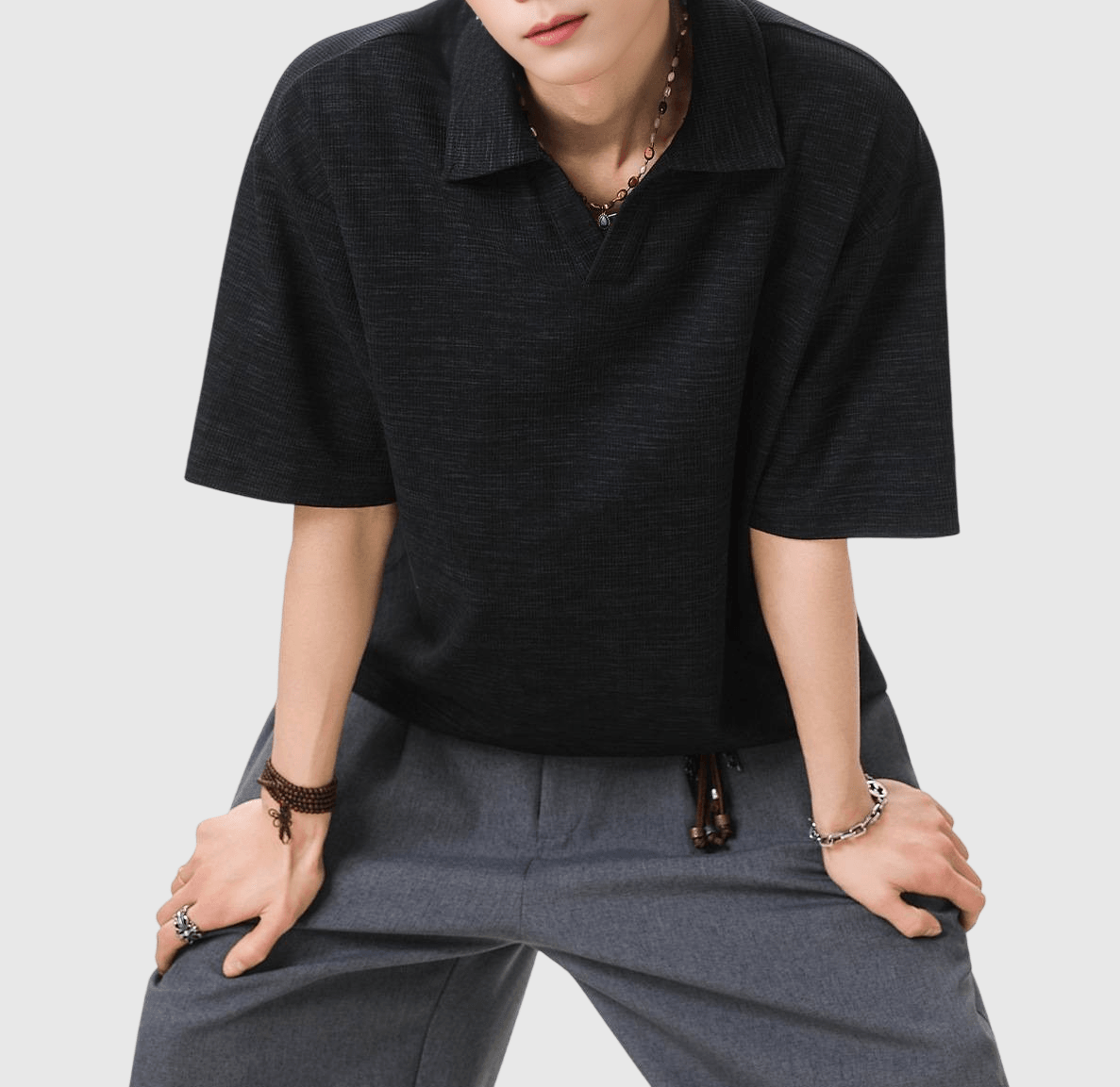 日系混色編織紋理設計 亨利領透氣短袖 T-Shirt [SBT-1551]