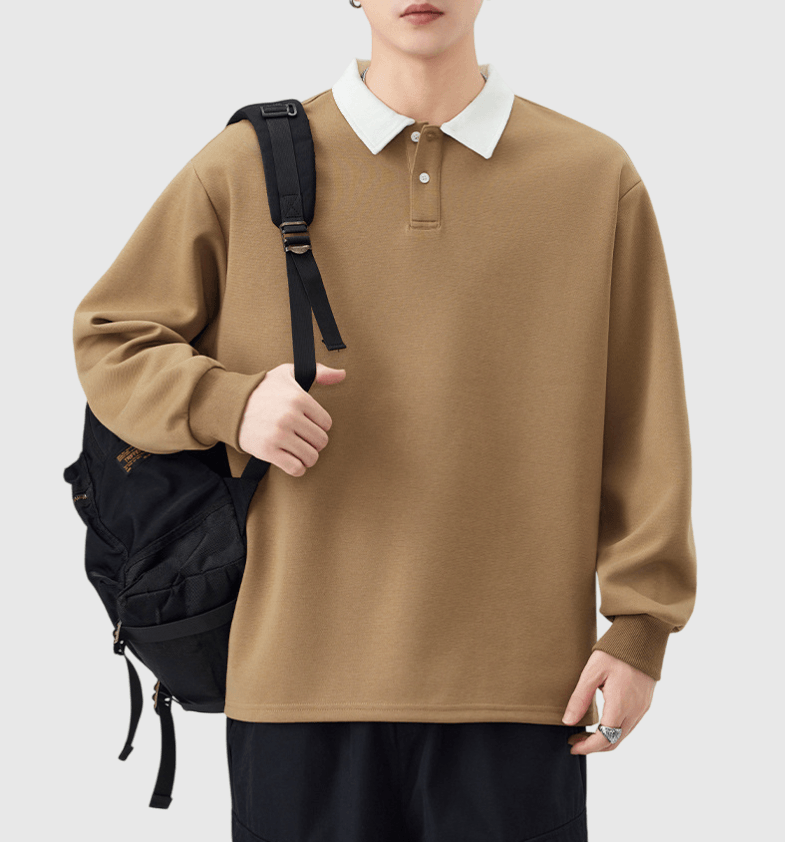 日系基礎撞色領口拼接設計 長袖 POLO T-Shirt [SBT-1468]