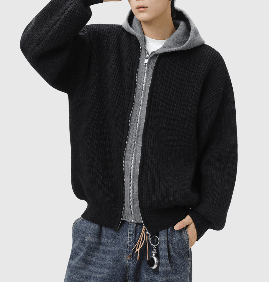 日系撞色層次假兩件式 粗線針織長袖外套 [SBO-1420]