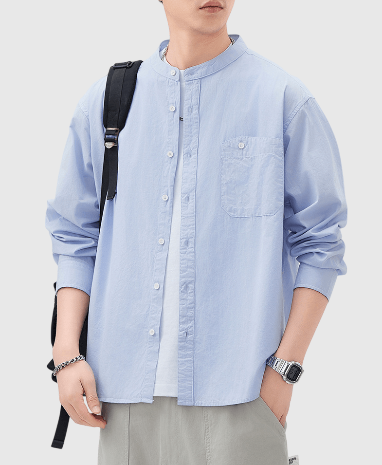 日系不規則鈕扣前袋 純棉長袖恤衫 [SBS-1371]