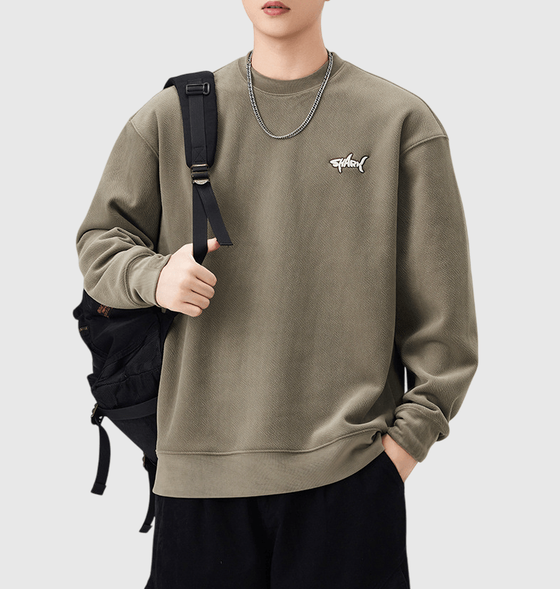 細鯊魚文字圖案刺繡設計 圓領長袖衛衣 [SBH-1328]