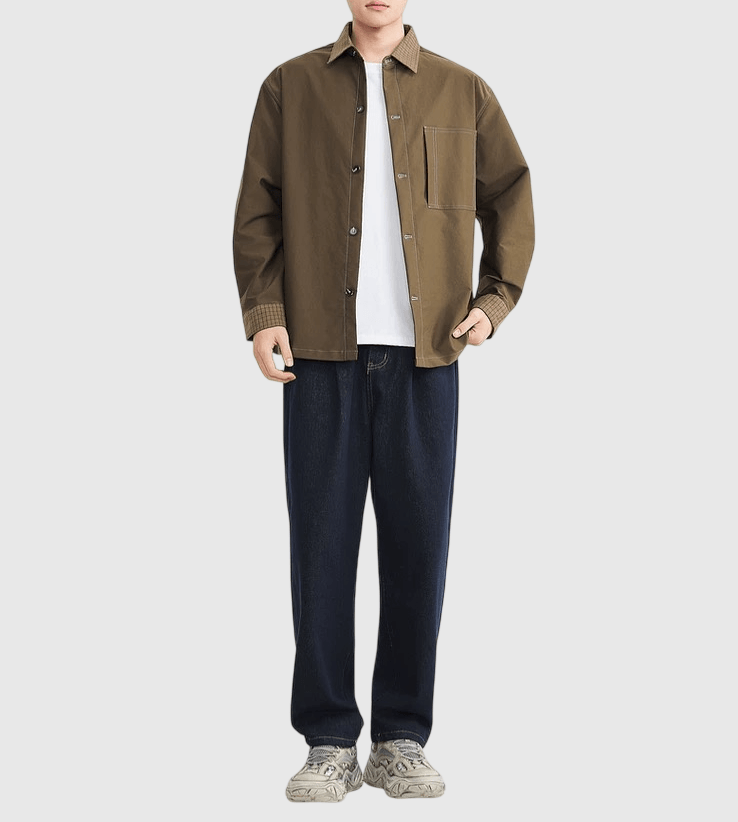 日系復古輯明線領口格紋拼接 長袖恤衫 [SBS-1381]