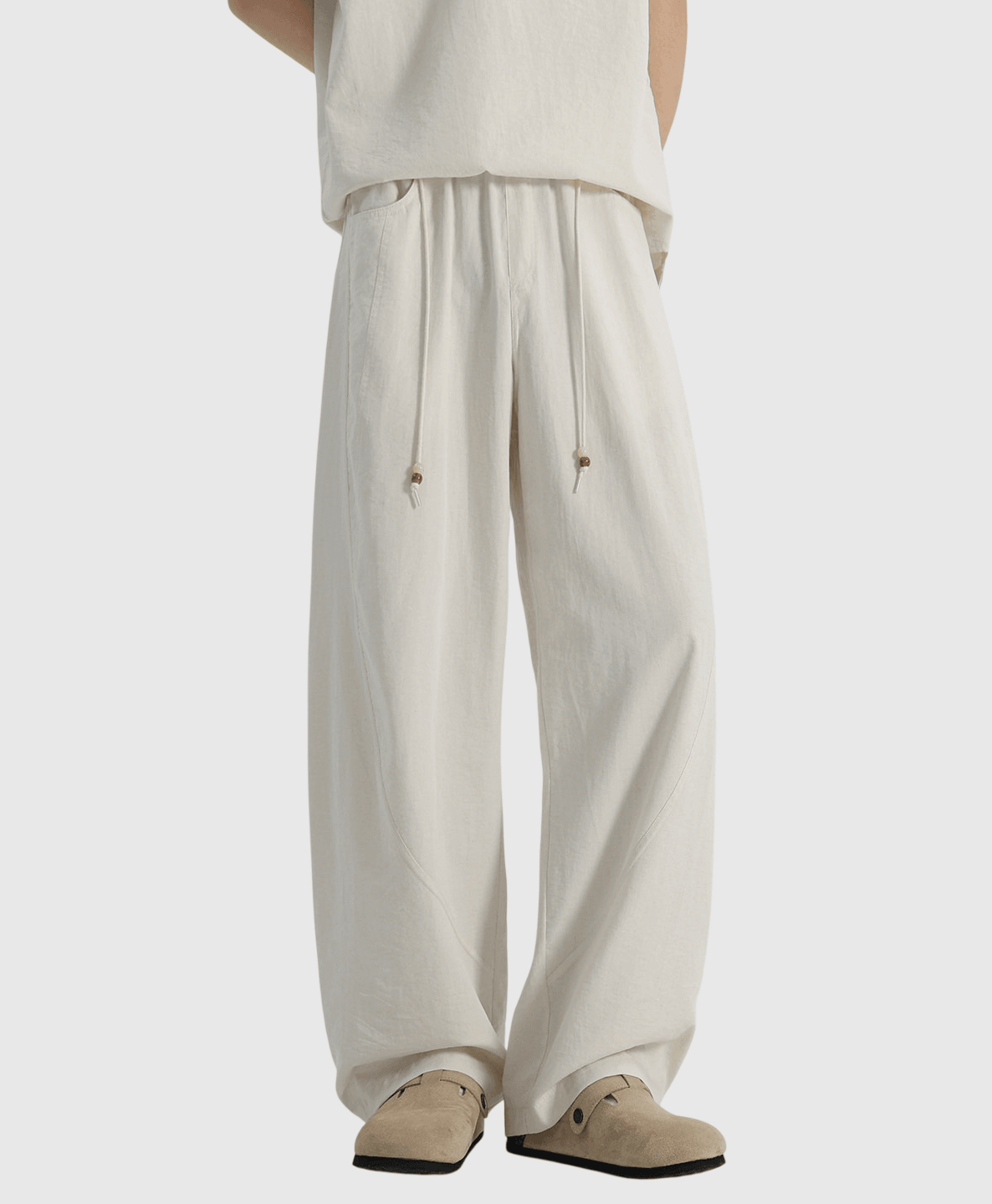 日式木珠外編織鬆緊腰繩設計 麻質闊腿直筒透氣長褲 [SBP-1206]