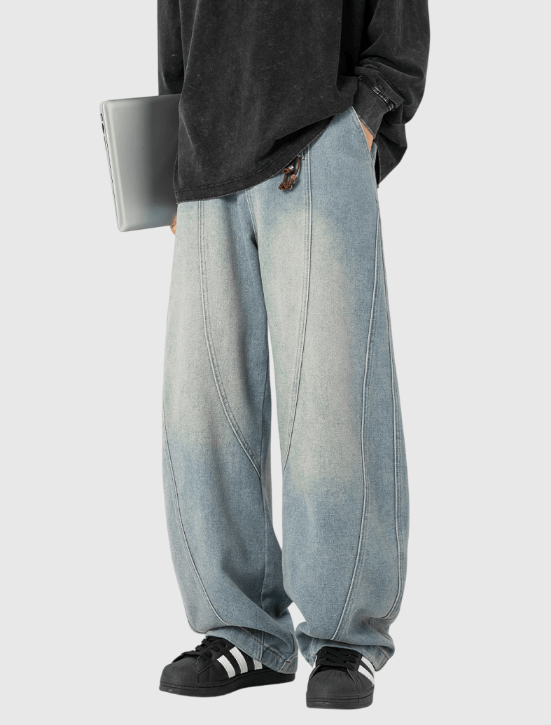 復古洗水立體縫線設計 闊腳牛仔直筒長褲 [SBP-1189]