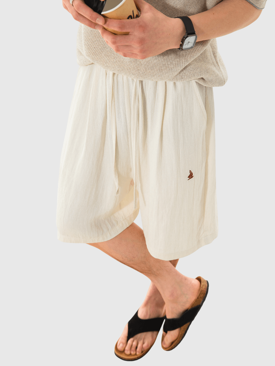 日系基礎輕便透氣細圖案刺繡 麻質垂感短褲 [SBST-1151]