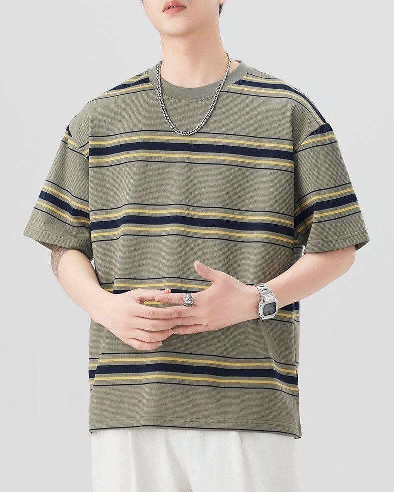 復古闊幼橫間條紋撞色 透氣短袖 T-Shirt [SBT-1107]