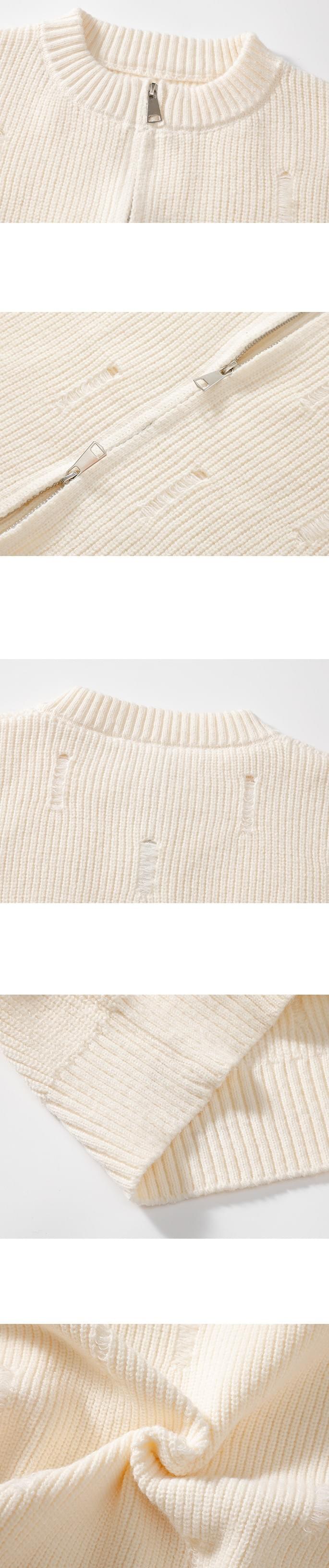 日系不規則破洞 針織圓領開胸外套 [SBO-1503]