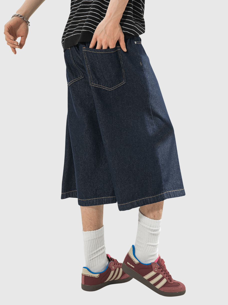 日系基礎明輯縫紉線設計 闊腳七分牛仔短褲 [SBST-1149]