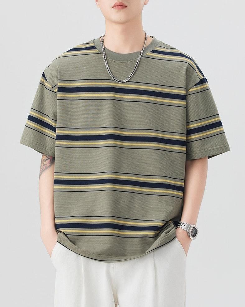 復古闊幼橫間條紋撞色 透氣短袖 T-Shirt [SBT-1107]