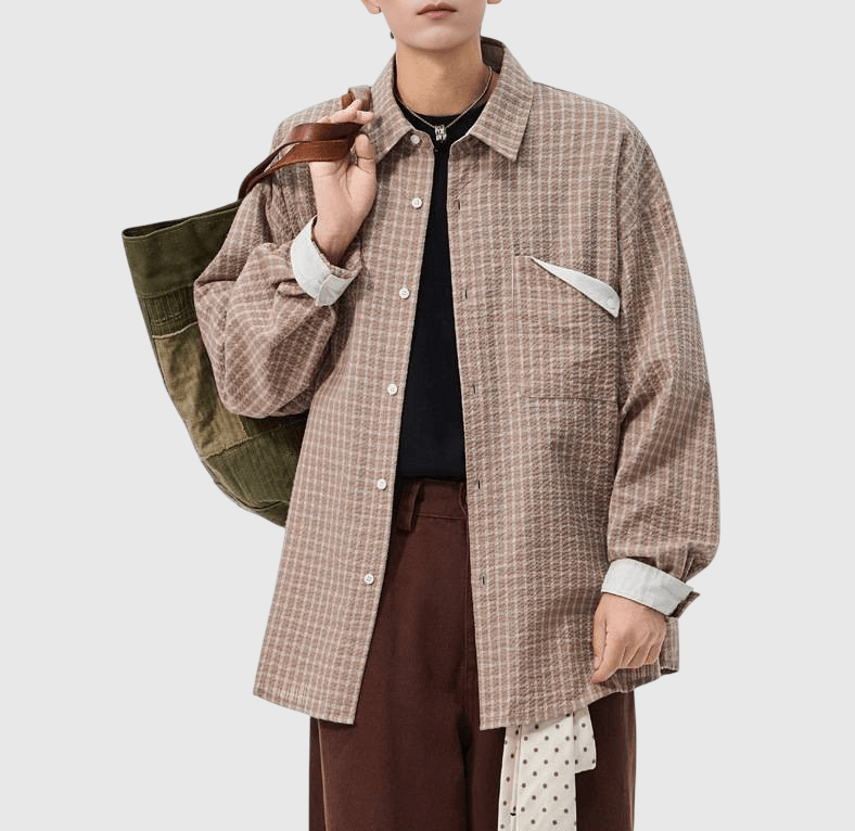 復古細格紋理前袋反向設計 長袖恤衫 [SBS-1378]