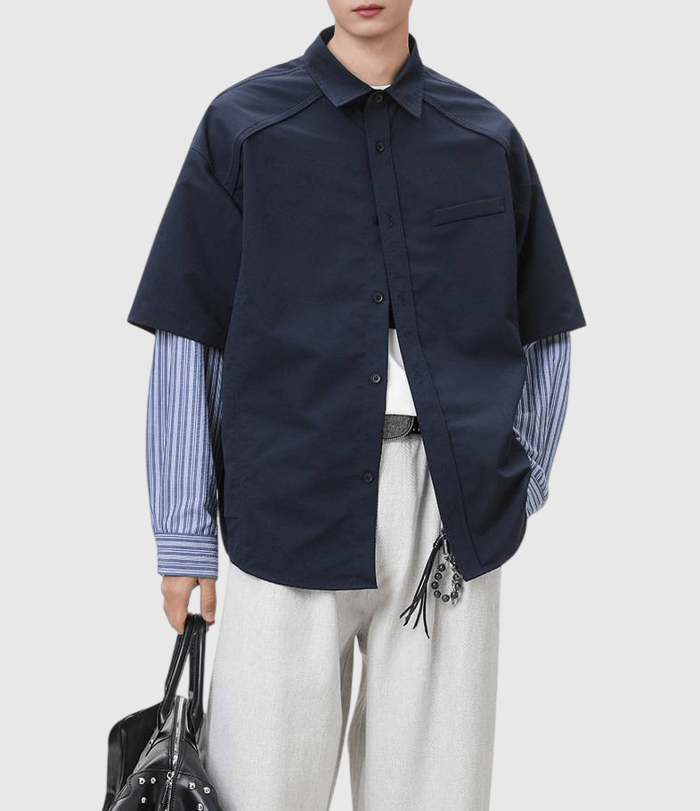 日系假兩件式恤衫手袖縫紉拼接 長袖恤衫 [SBS-1379]