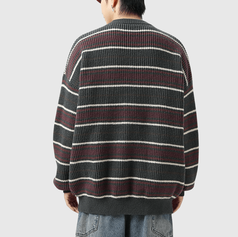 復古撞色條紋粗線針織紋理 重磅圓領毛衣 [SBK-1084]