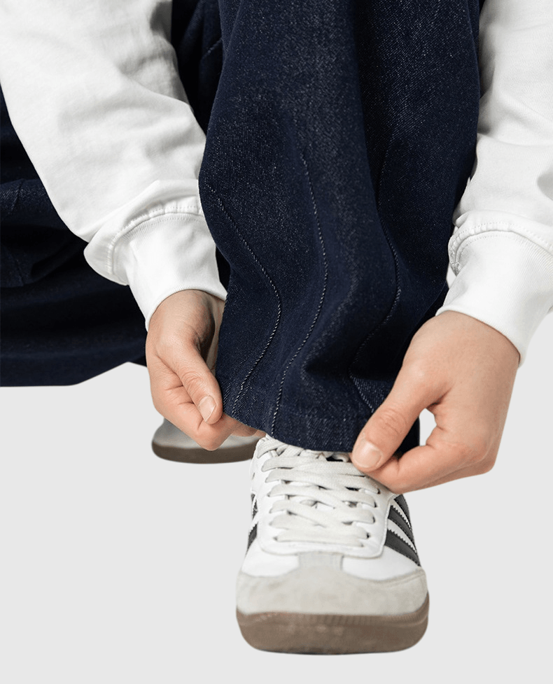 日系簡約拼色鬆緊繩設計 垂感闊腳水洗牛仔褲 [SBP-1139]