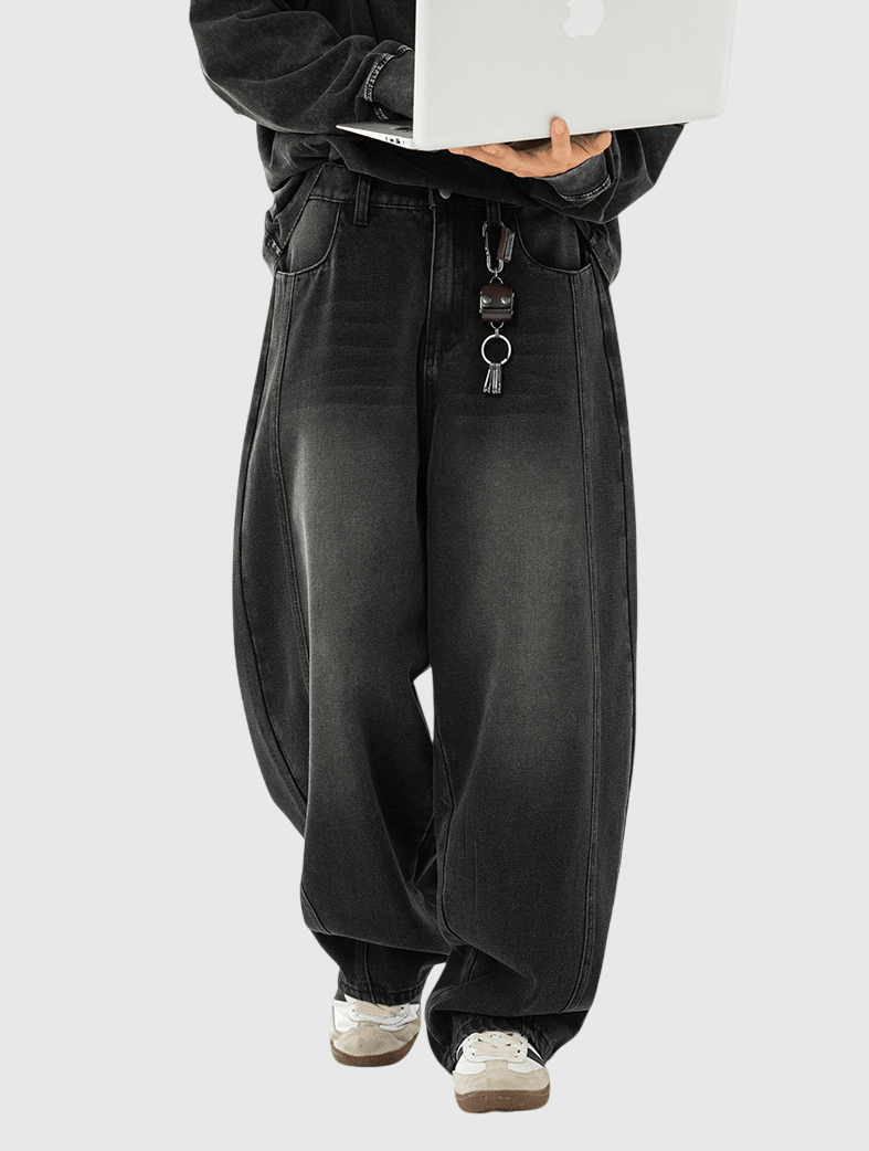 復古洗水立體縫線設計 闊腳牛仔直筒錐形長褲 [SBP-1189]