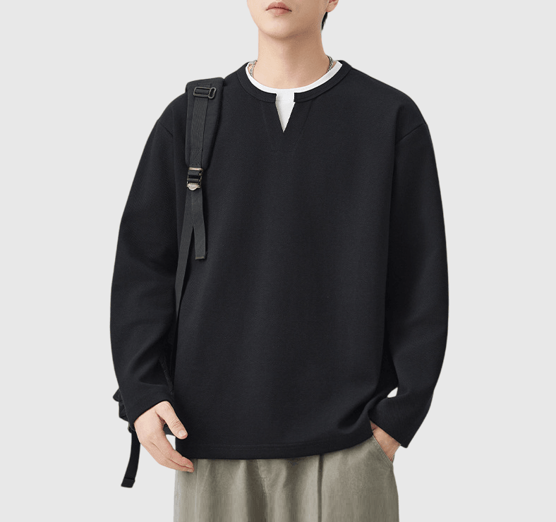 日系層次假兩件式設計 V 領重磅長袖 T-Shirt [SBT-1453] 