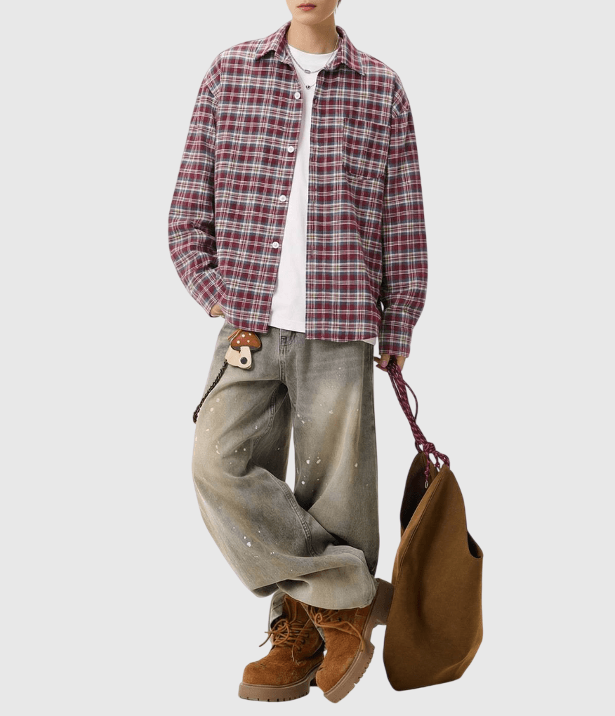 復古基礎色系撞色格仔紋理工藝 長袖恤衫 [SBS-1376]