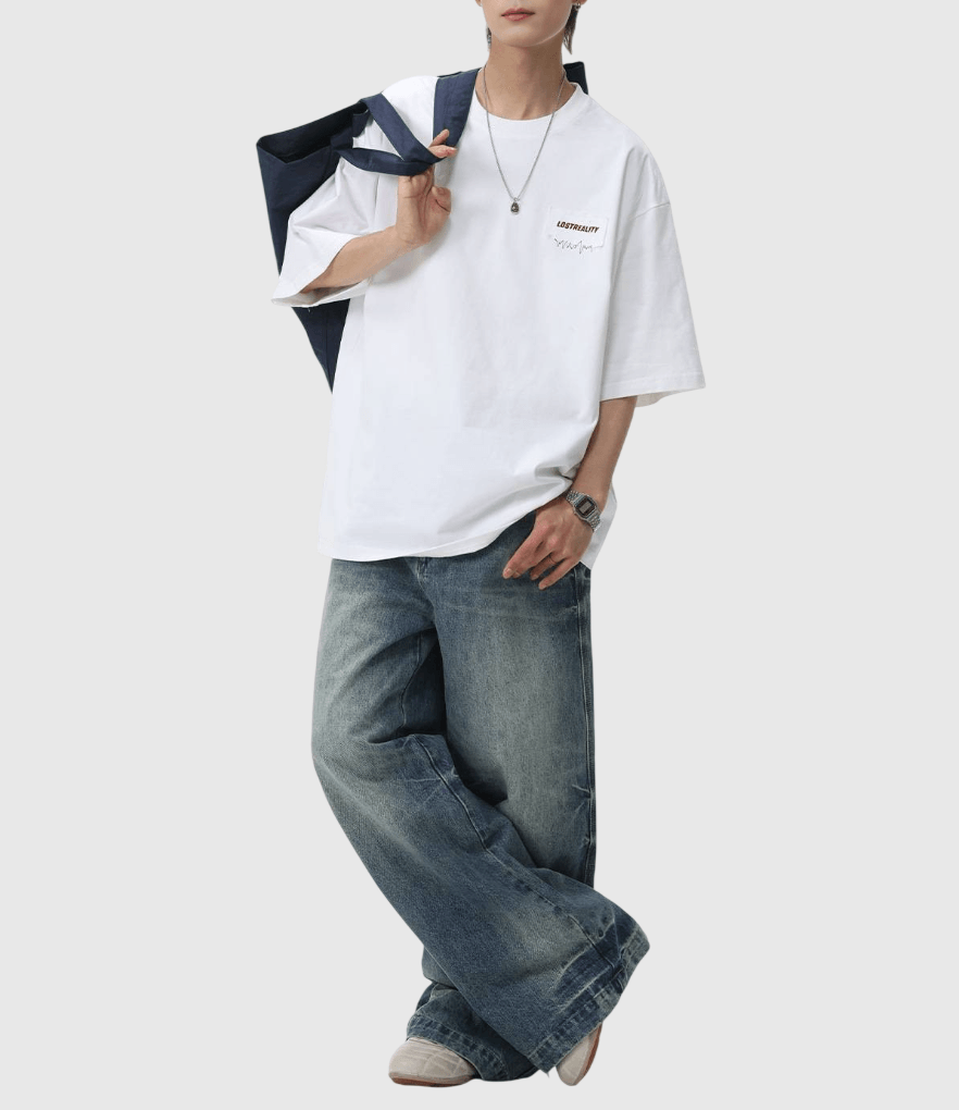 日系縫布細文字刺繡設計 純棉短袖 T-Shirt [SBT-1522]