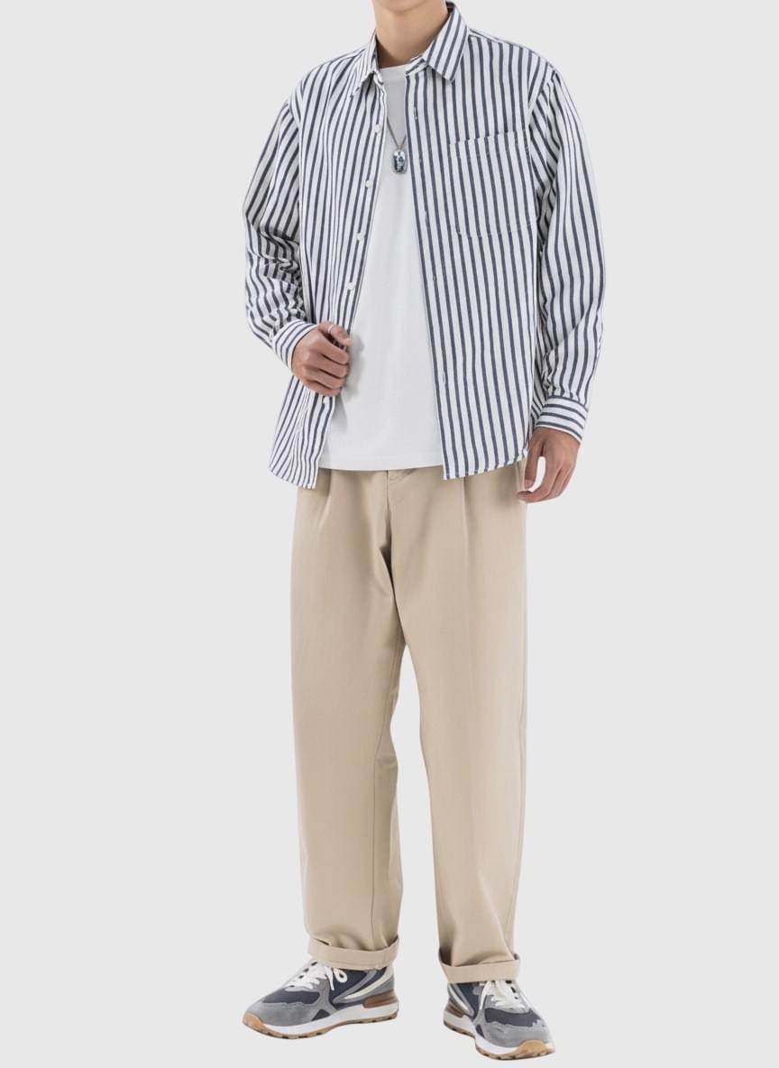 日系基礎垂直條紋紋理色織 長袖恤衫 [SBS-1386]