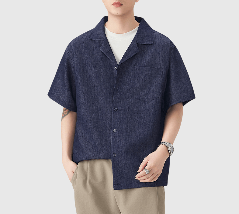 日系基礎微皺紋理 透氣垂感牛仔短袖恤衫 [SBS-1395]