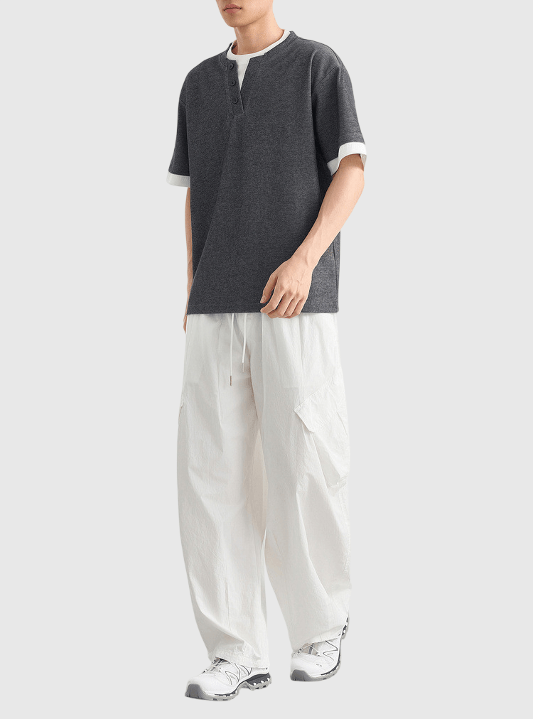 假兩件結構設計 亨利領鈕扣針織短袖 T-Shirt [CBT-1334]