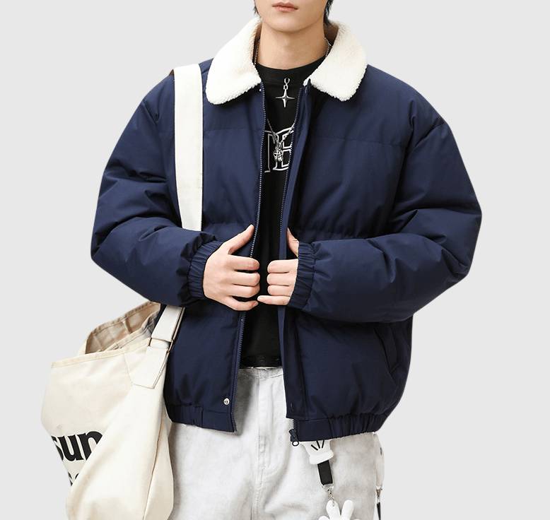 日系基礎雙側袋 絨毛粒領口夾棉長袖外套 [SBO-1497]