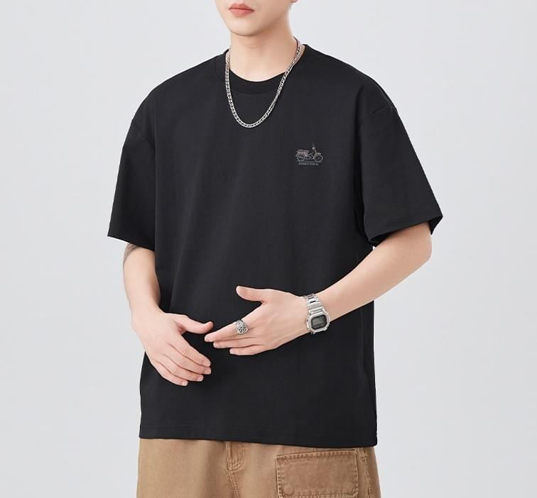 復古電單車細圖案刺繡 純棉短袖 T-Shirt [SBT-1430]