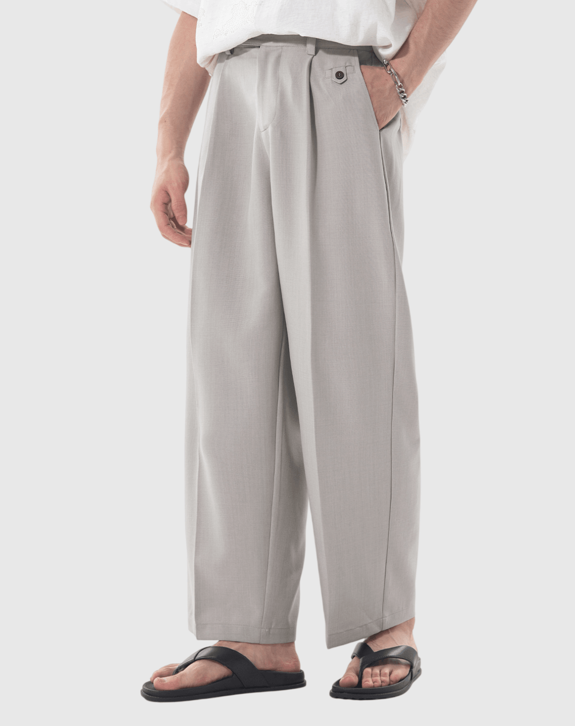 日系基礎鈕扣帶設計 垂感透氣闊腳西裝九分褲 [SBP-1205]