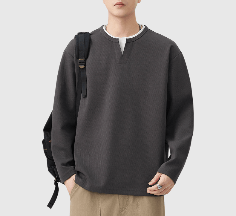 日系層次假兩件式設計 V 領重磅長袖 T-Shirt [SBT-1453] 