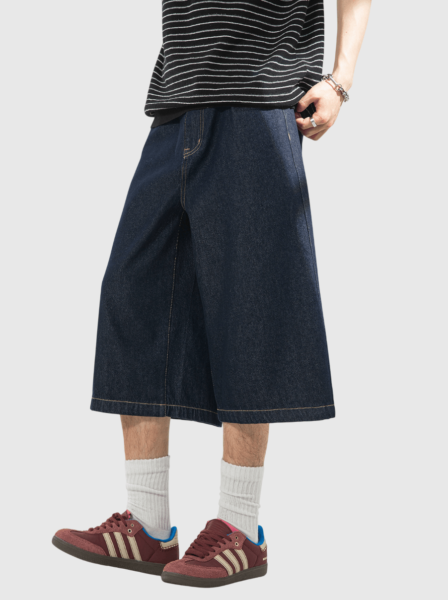 日系基礎明輯縫紉線設計 闊腳七分牛仔短褲 [SBST-1149]