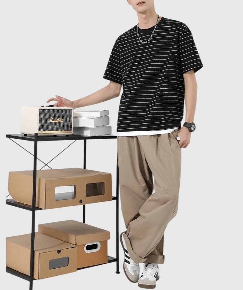 日系漸變色條紋假兩件式設計 短袖 T-Shirt [SBT-1491]