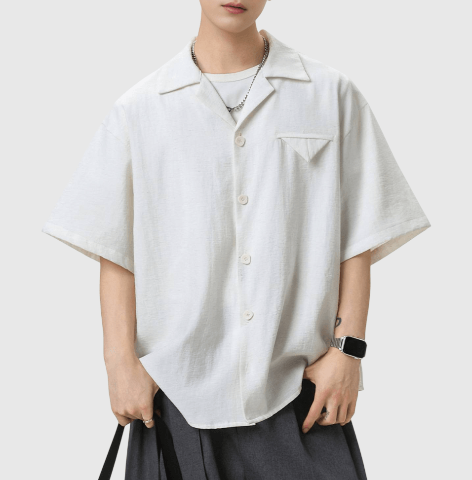 復古三角縫紉前袋微皺紋理 透氣垂感麻質短袖恤衫 [SBS-1393]