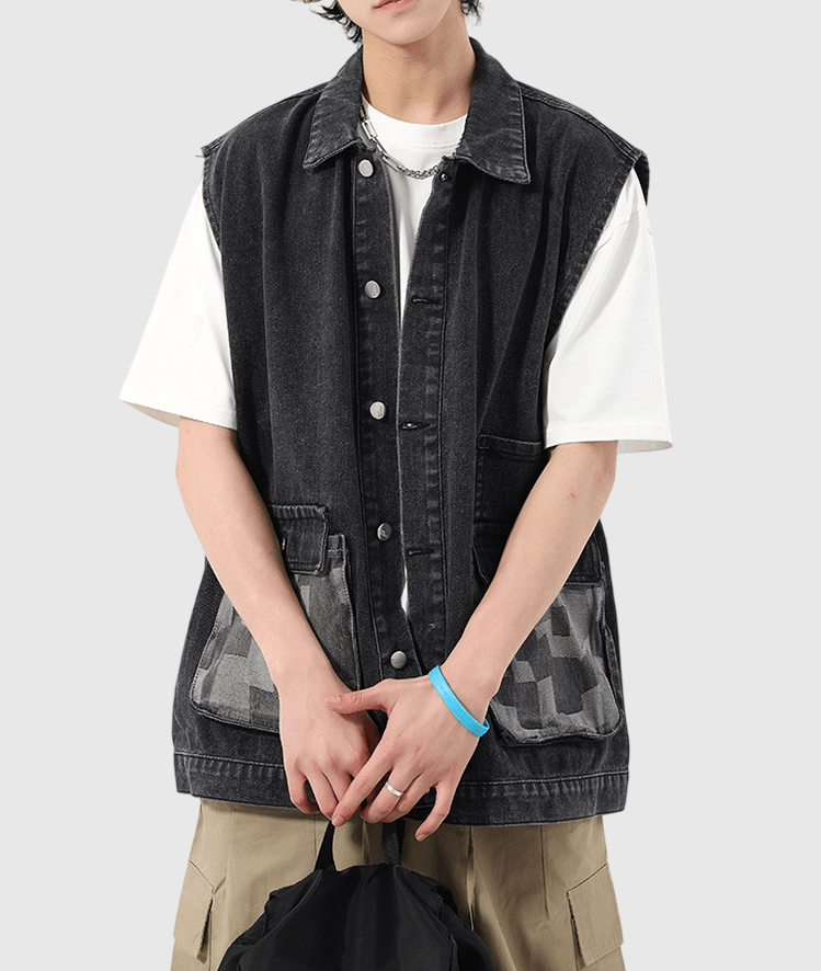 雙前袋撞色拼布縫接 背心水洗牛仔外套 [CBJ-1069]