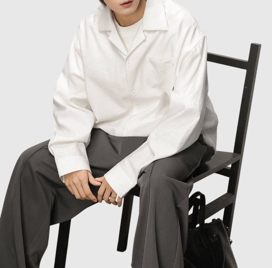 復古基礎大領口微皺紋理 麻質透氣垂感長袖恤衫 [SBS-1373]