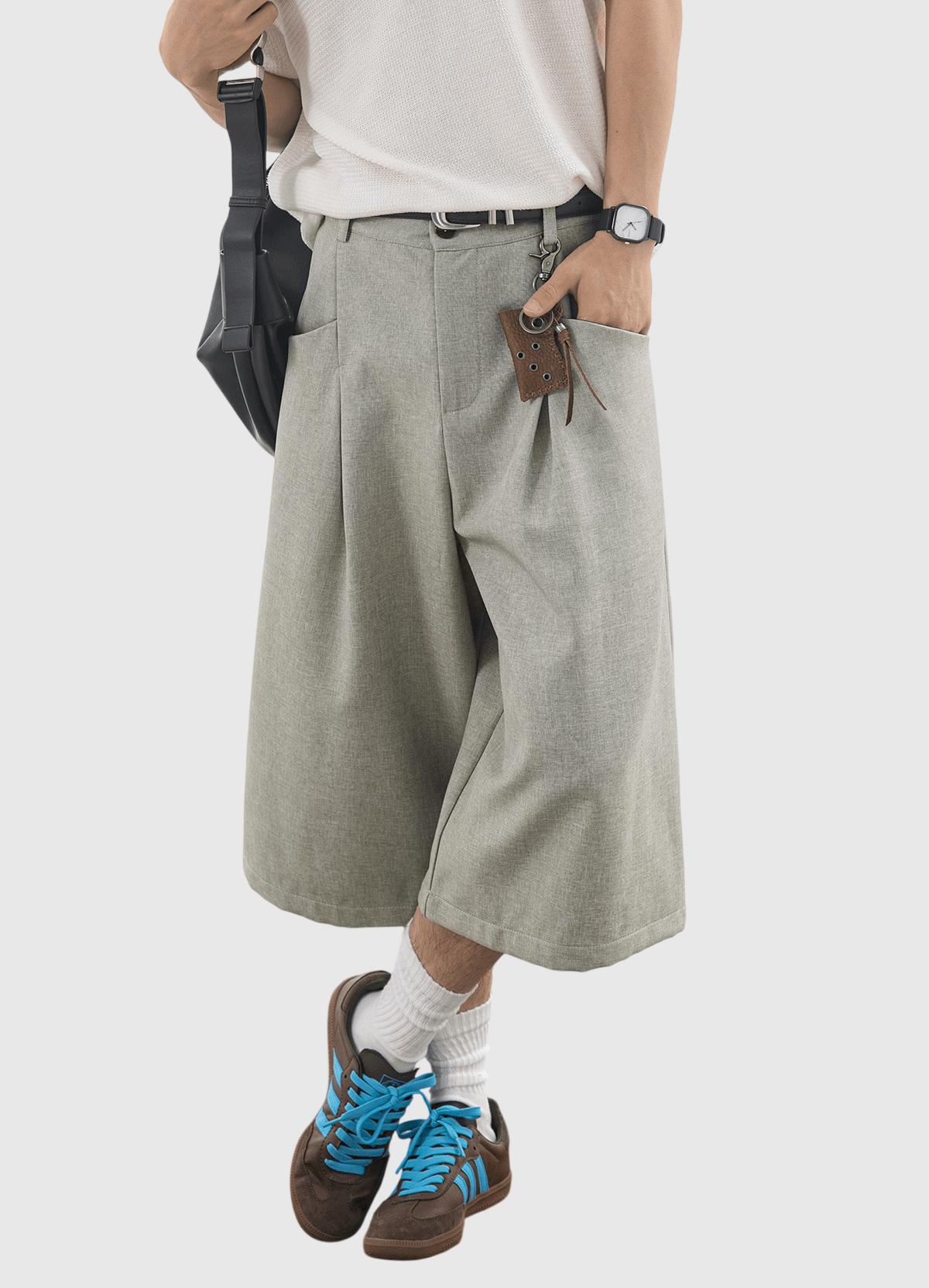 日系褶皺縫紉設計 麻質透氣垂感七分短褲 [SBST-1166]