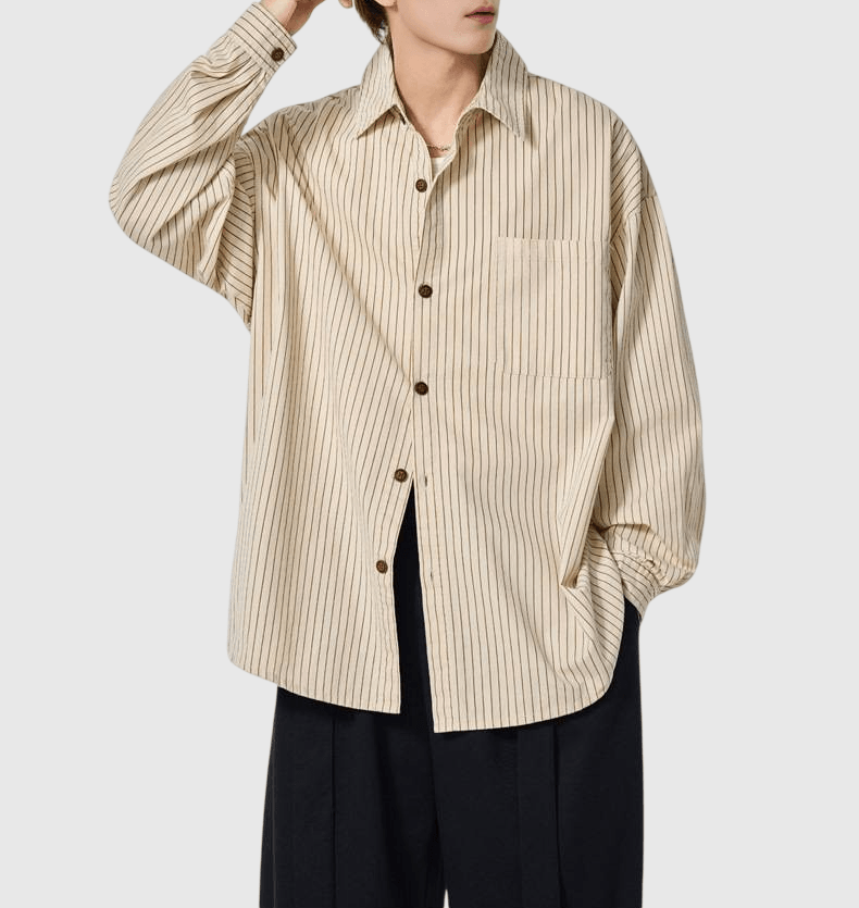 復古基礎色系條紋色織 純棉長袖恤衫 [SBS-1349]