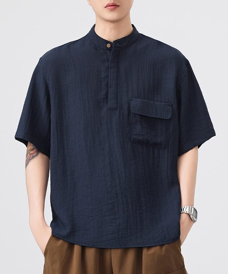 復古前袋設計 亨利領麻質透氣短袖 T-Shirt [SBT-1450]
