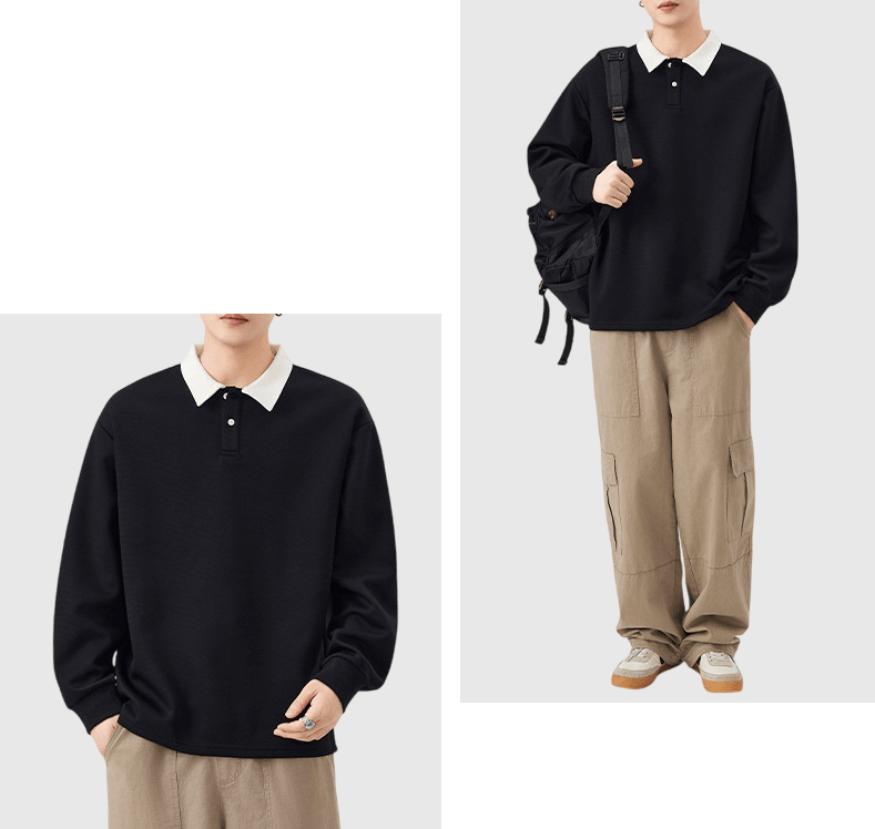 日系基礎撞色領口拼接設計 長袖 POLO T-Shirt [SBT-1468]