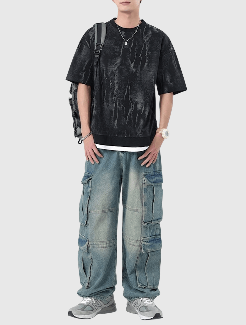 假兩件式重工水洗紋理紮染 短袖 T-Shirt [SBT-1579]