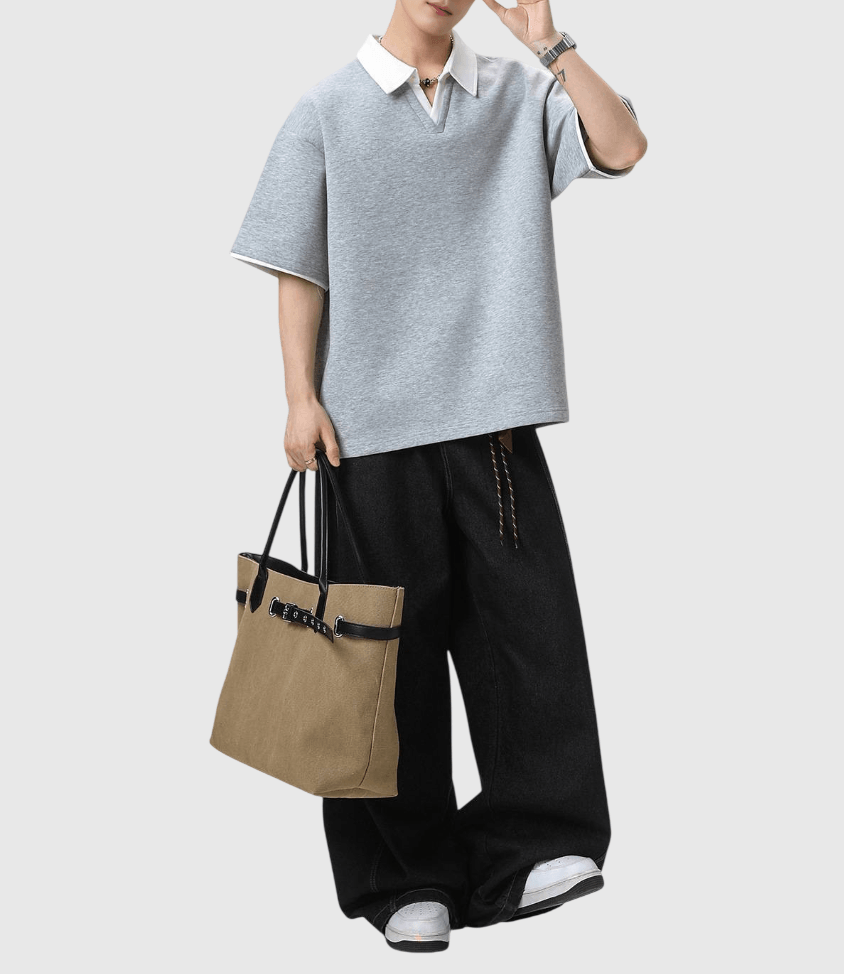 日系假兩件式縫線撞色 V 領設計 短袖 POLO T-Shirt [SBT-1503]