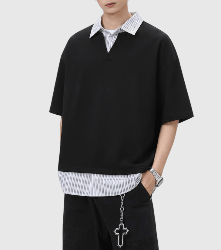 日系假兩件式恤衫縫紉拼接 短袖 T-Shirt [SBT-1485]