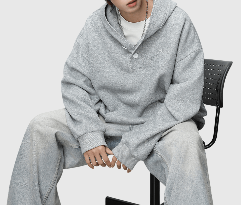 日系帽簷撞色縫線設計 半開領鈕扣連帽衛衣 [SBH-1344]