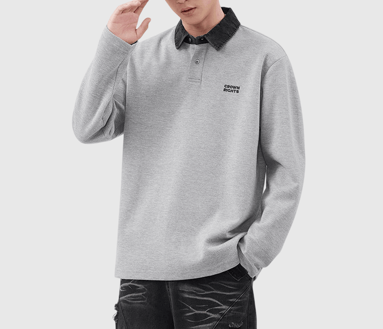日系細文字刺繡領口撞色拼接 長袖 POLO T-Shirt [SBT-1324]